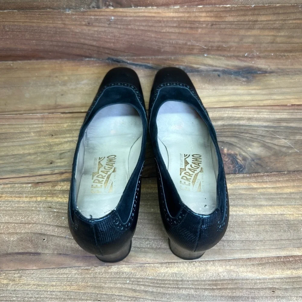 Salvatore Ferragamo Vintage Black Square Wedge Heels Women's 7AA Made in Italy